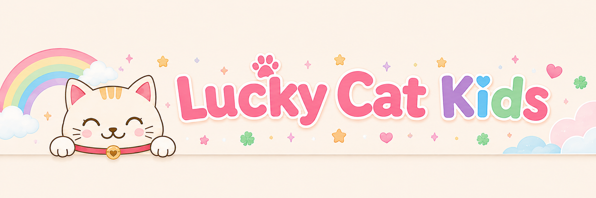 A pastel banner-style graphic with the words 'Lucky Cat Kids' in pink and purple lettering, a cartoon white cat peeking from the left with a rainbow behind it, and small decorative stars, hearts, and flowers on a cream background.