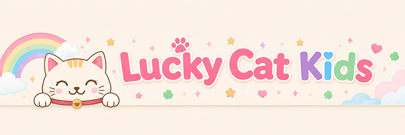 A pastel banner-style graphic with the words 'Lucky Cat Kids' in pink and purple lettering, a cartoon white cat peeking from the left with a rainbow behind it, and small decorative stars, hearts, and flowers on a cream background.